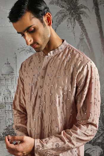 Buy_Asuka_Pink Chanderi Silk Embroidered Kurta And Pant Set _Online_at_Aza_Fashions