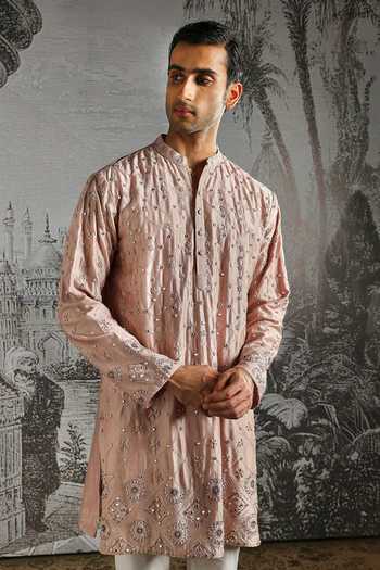 Shop_Asuka_Pink Chanderi Silk Embroidered Kurta And Pant Set _Online_at_Aza_Fashions