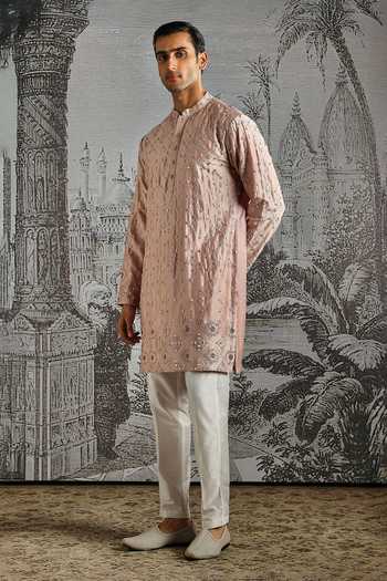 Buy_Asuka_Pink Chanderi Silk Embroidered Kurta And Pant Set _at_Aza_Fashions
