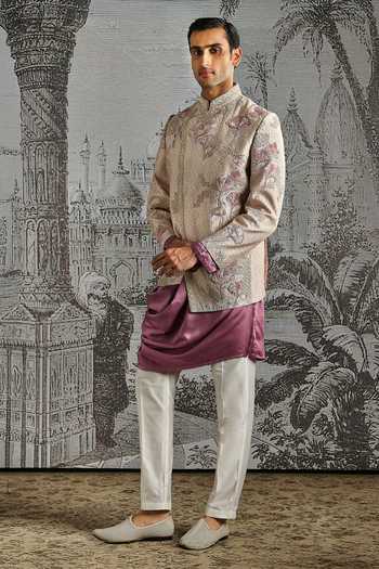 Buy_Asuka_Purple Silk, Satin Zari Embroidered Bandhgala Kurta Set _at_Aza_Fashions