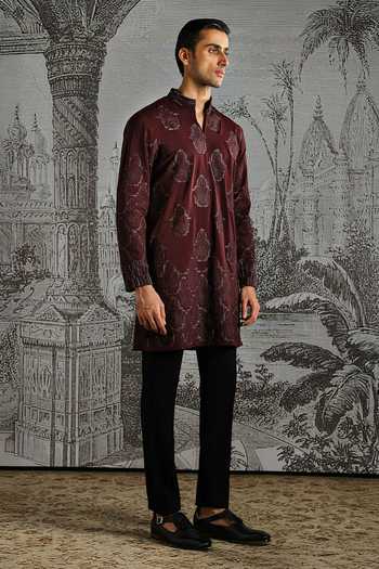 Shop_Asuka_Maroon Embroidered Kurta And Pant Set _Online_at_Aza_Fashions