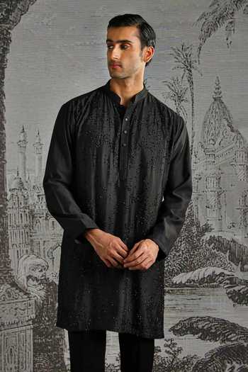Asuka_Black Chanderi Silk Minimal Kurta And Pant Set _Online_at_Aza_Fashions