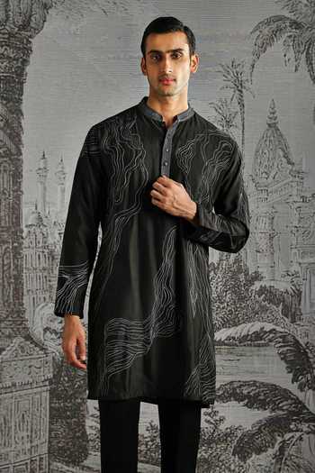Buy_Asuka_Black Chanderi Silk Minimal Kurta And Pant Set _Online_at_Aza_Fashions