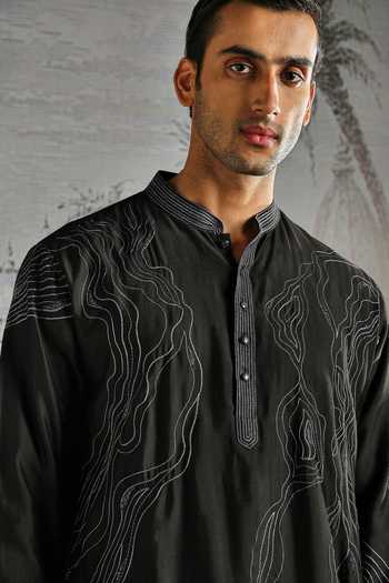 Shop_Asuka_Black Chanderi Silk Minimal Kurta And Pant Set _Online_at_Aza_Fashions
