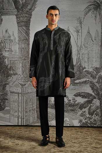 Asuka_Black Chanderi Silk Minimal Kurta And Pant Set _at_Aza_Fashions