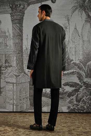 Shop_Asuka_Black Chanderi Silk Minimal Kurta And Pant Set _at_Aza_Fashions
