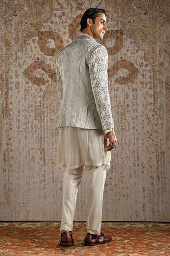 Shop_Asuka_Ivory Jacquard, Chanderi Embroidery Geometric Bandhgala Set _at_Aza_Fashions