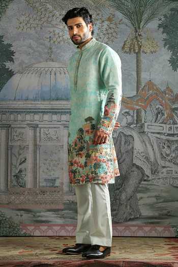 Buy_Asuka_Green Chanderi Silk Scenic Print Kurta Set _Online_at_Aza_Fashions