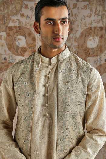 Shop_Asuka_Gold Silk, Chanderi Zari Embroidered Bundi Kurta Set _Online_at_Aza_Fashions