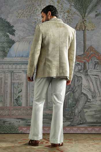 Shop_Asuka_Beige Chanderi, Jacquard, Suede Embroidery, Zari Bandhgala And Pant Set _at_Aza_Fashions