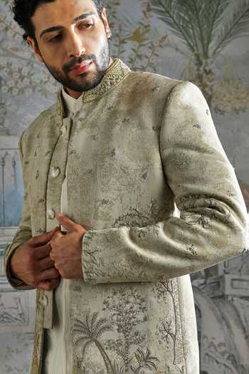 Buy_Asuka_Beige Chanderi, Jacquard, Suede Embroidery, Zari Bandhgala And Pant Set _Online_at_Aza_Fashions