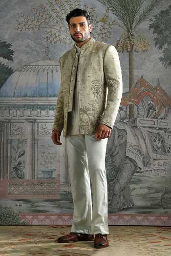 Shop_Asuka_Beige Chanderi, Jacquard, Suede Embroidery, Zari Bandhgala And Pant Set _Online_at_Aza_Fashions