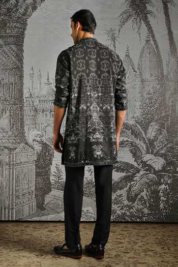 Shop_Asuka_Black Chanderi Abstract Pattern Kurta And Pant Set _at_Aza_Fashions