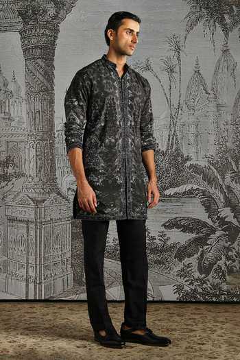 Buy_Asuka_Black Chanderi Abstract Pattern Kurta And Pant Set _Online_at_Aza_Fashions