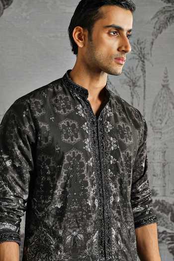 Shop_Asuka_Black Chanderi Abstract Pattern Kurta And Pant Set _Online_at_Aza_Fashions