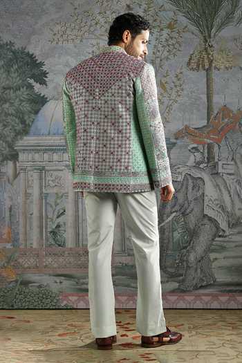 Shop_Asuka_Green Silk Geometric Embroidered Bandhgala Set _at_Aza_Fashions