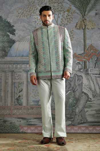 Buy_Asuka_Green Silk Geometric Embroidered Bandhgala Set _at_Aza_Fashions