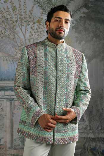 Buy_Asuka_Green Silk Geometric Embroidered Bandhgala Set _Online_at_Aza_Fashions