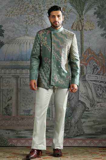 Buy_Asuka_Green Linen Embroidery Heritage Crest Bandhgala Set _at_Aza_Fashions