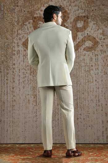 Shop_Asuka_Ivory Suiting Embroidery Royal Crest Bandhgala And Trouser Set _at_Aza_Fashions
