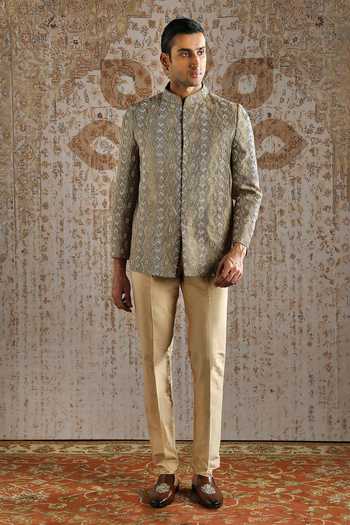 Buy_Asuka_Multi Color Jacquard, Silk Zari Champagne Antique Pattern Bandhgala Set _at_Aza_Fashions