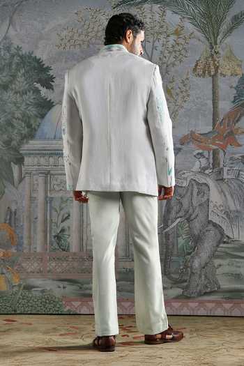 Shop_Asuka_Blue Linen Embroidery Bandhgala And Trouser Set _at_Aza_Fashions