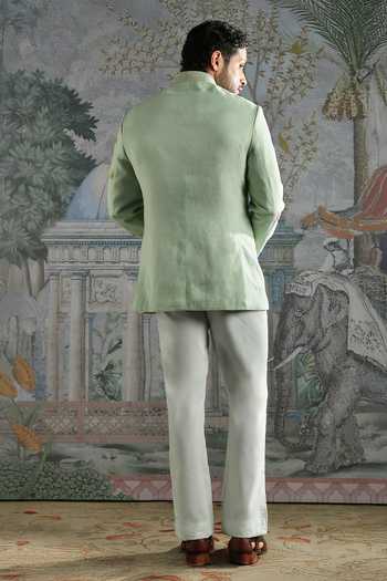 Shop_Asuka_Green Linen Embroidery Bandhgala And Trouser Set _at_Aza_Fashions
