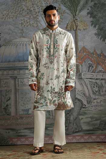 Buy_Asuka_Ivory Chanderi Silk Kurta And Pant Set _at_Aza_Fashions