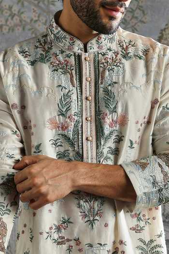 Asuka_Ivory Chanderi Silk Kurta And Pant Set _at_Aza_Fashions