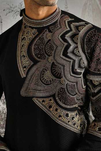 Asuka_Black Jacquard Self Kurta And Pant Set _at_Aza_Fashions