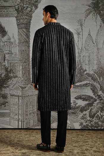 Shop_Asuka_Black Velvet, Jacquard Striped Kurta And Pant Set _at_Aza_Fashions