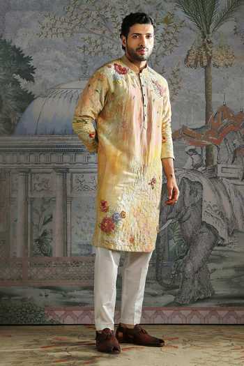 Shop_Asuka_Multi Color Chanderi Silk Floral Print Kurta Set _Online_at_Aza_Fashions
