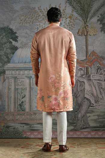 Shop_Asuka_Peach Silk Embroidered Palm Kurta And Pant Set _at_Aza_Fashions