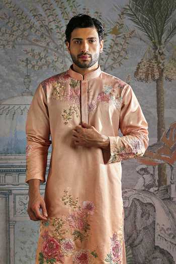 Asuka_Peach Silk Embroidered Palm Kurta And Pant Set _Online_at_Aza_Fashions