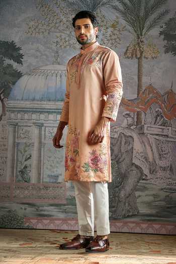 Buy_Asuka_Peach Silk Embroidered Palm Kurta And Pant Set _Online_at_Aza_Fashions
