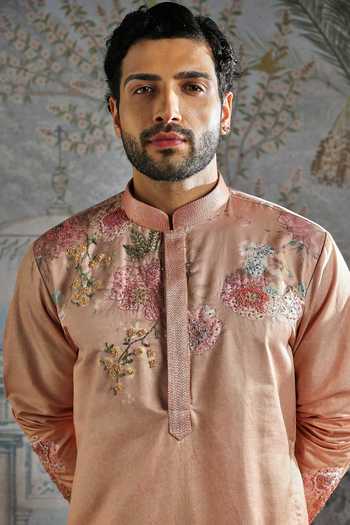 Shop_Asuka_Peach Silk Embroidered Palm Kurta And Pant Set _Online_at_Aza_Fashions