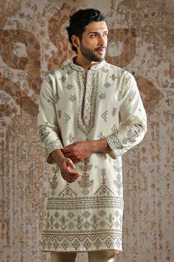Shop_Asuka_Ivory Chanderi Silk Embroidered Kurta Set _Online_at_Aza_Fashions