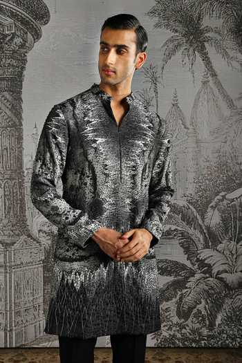 Buy_Asuka_Black Satin, Linen Abstract Print Kurta And Pant Set _Online_at_Aza_Fashions