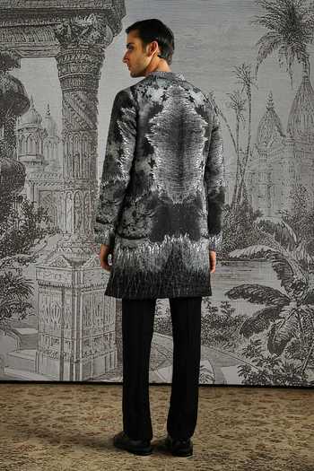Shop_Asuka_Black Satin, Linen Abstract Print Kurta And Pant Set _at_Aza_Fashions