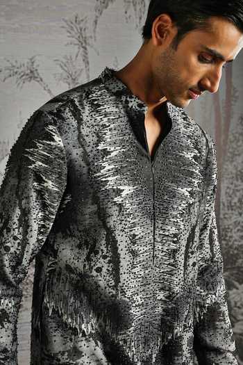 Shop_Asuka_Black Satin, Linen Abstract Print Kurta And Pant Set _Online_at_Aza_Fashions