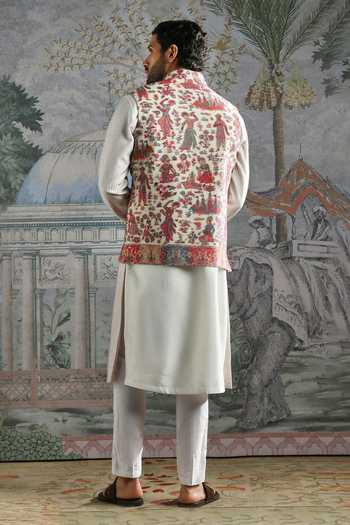 Shop_Asuka_Ivory Pashmina Zari Embroidered Bundi Kurta Set _at_Aza_Fashions