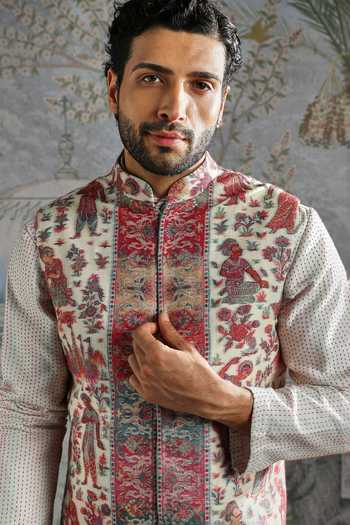 Asuka_Ivory Pashmina Zari Embroidered Bundi Kurta Set _at_Aza_Fashions