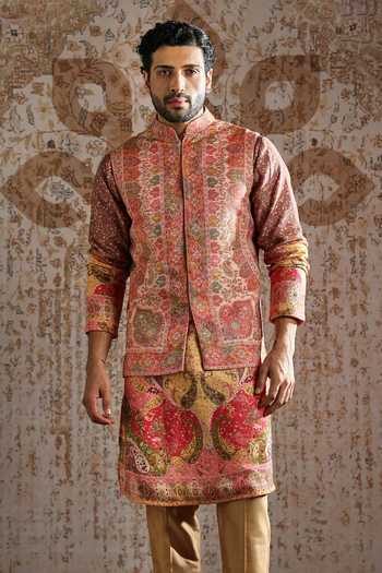 Buy_Asuka_Pink Pashmina Embroidery Ornamental Thread Work Bundi Kurta Set _Online_at_Aza_Fashions