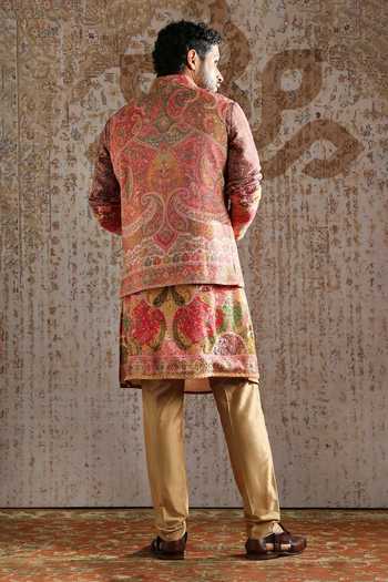 Shop_Asuka_Pink Pashmina Embroidery Ornamental Thread Work Bundi Kurta Set _at_Aza_Fashions