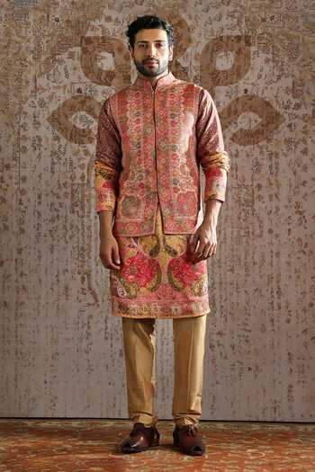 Buy_Asuka_Pink Pashmina Embroidery Ornamental Thread Work Bundi Kurta Set _at_Aza_Fashions