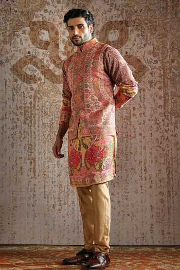 Shop_Asuka_Pink Pashmina Embroidery Ornamental Thread Work Bundi Kurta Set _Online_at_Aza_Fashions