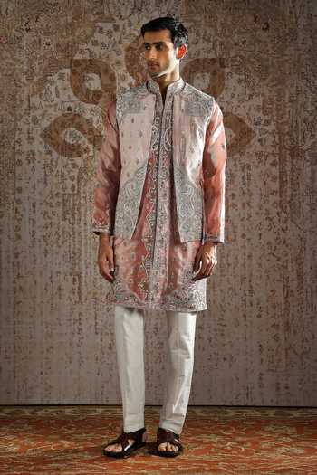 Buy_Asuka_Pink Silk, Tissue Pearls, Zari Blush Paisley Embroidered Kurta Bundi Set _at_Aza_Fashions