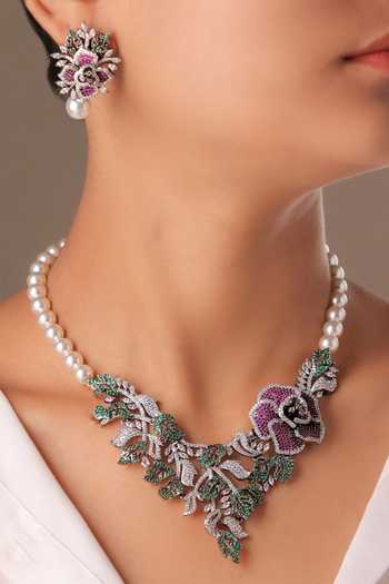 Buy_MRJEWELS_Multi Color Pearl Floral Embellished Necklace Set _at_Aza_Fashions