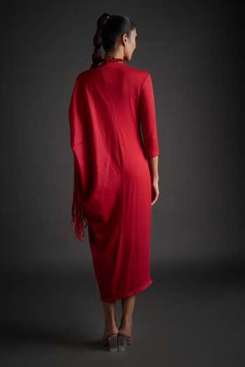 Shop_Jyoti Sachdev Iyer_Red Cotton, Modal, Lycra V-neck Beaded Applique Dress _at_Aza_Fashions