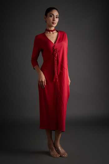 Buy_Jyoti Sachdev Iyer_Red Cotton, Modal, Lycra V-neck Beaded Applique Dress _at_Aza_Fashions
